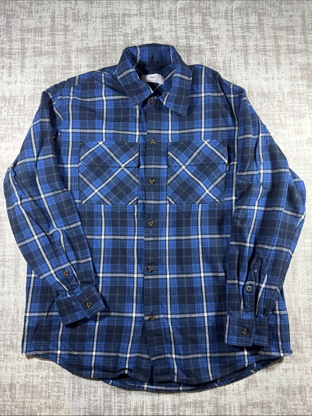 TNA/Aritzia Women’s Blue Plaid Button-Down Shirt size 2 28X22.5 PTP 100% Cotton